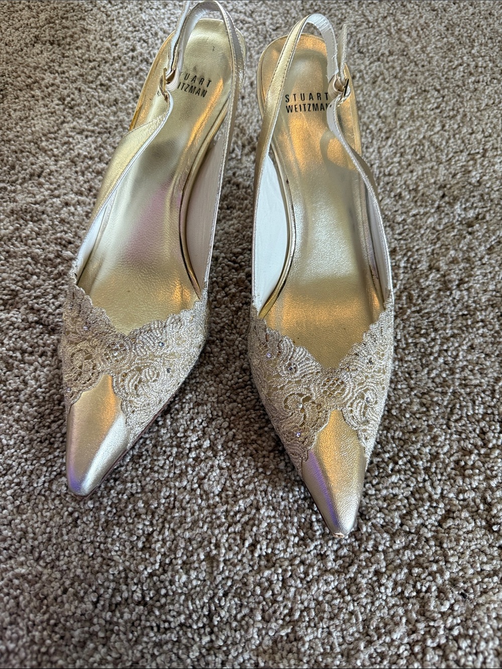 Stuart Weitzman Silver Lace Pointed Slingback Pumps
